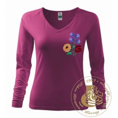 Hímzett női hosszú ujjú póló kalocsai mintával