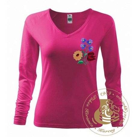 Hímzett női hosszú ujjú póló kalocsai mintával