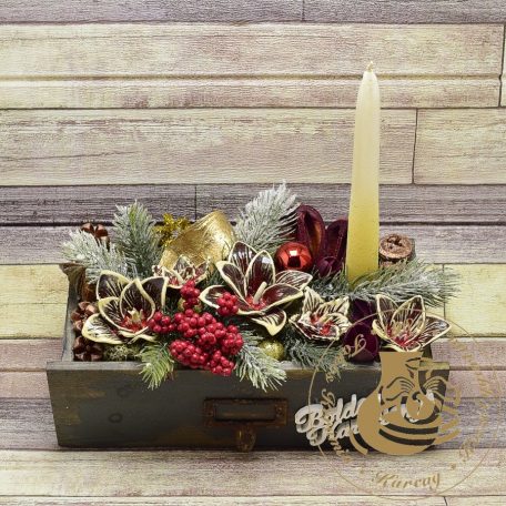 Karácsonyi antik fadobozos asztaldísz 2