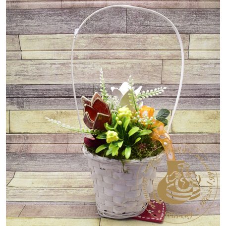 Fehér vesszőkosár kerámiatulipánnal - asztaldísz