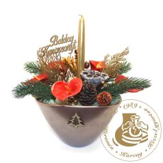 Karácsonyi asztaldísz ovál kaspóban, flamingóvirággal