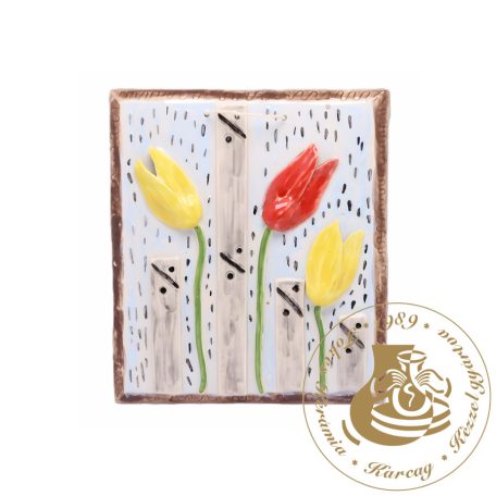Sárga és piros tulipánok - kézműves kerámia falikép