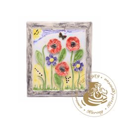   Piros pipacsok és kék búzavirágok - kézműves kerámia falikép