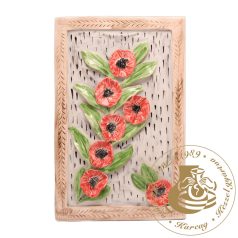 Piros pipacsok és levelek - kézműves kerámia falikép