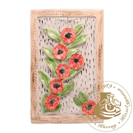 Piros pipacsok és levelek - kézműves kerámia falikép